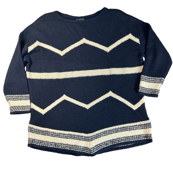 Lauren Ralph Lauren Navy Blue Cream Chevron Wool Blend Sweater Women’s 3X - Picture 2 of 12